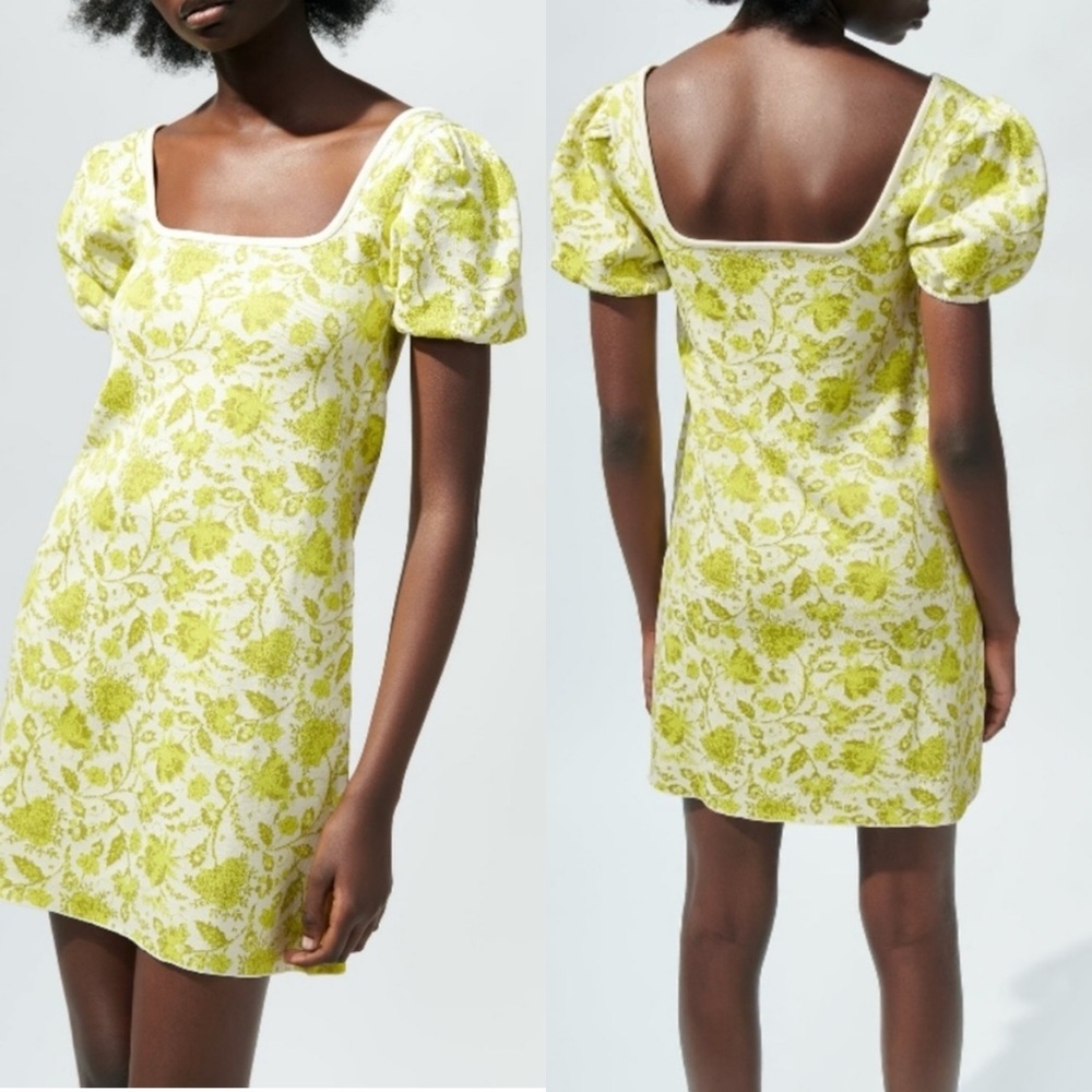 Zara yellow floral puff sleeve‎ mini dress square neck
